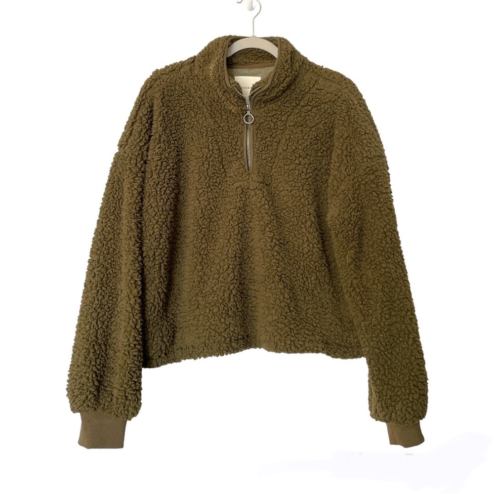 Thread & Supply Quarter Zip Teddy Sherpa Olive Green Pullover Coat Jacket XL